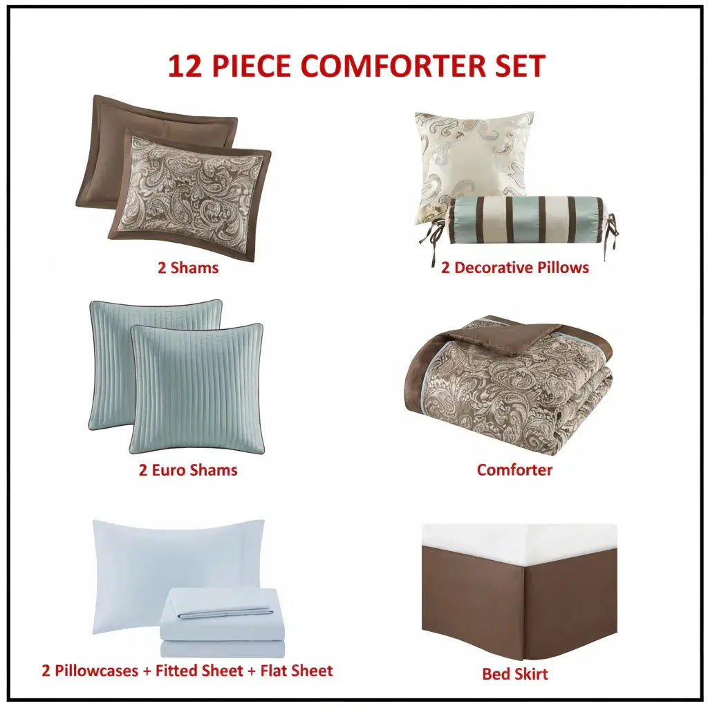 Blue and Brown Queen Comforter Set with Sheets Queen, 12 Piece